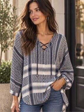 Rails Lily Sapphire Jacquard Lace Up Boho Blouse Navy White Small/Medium